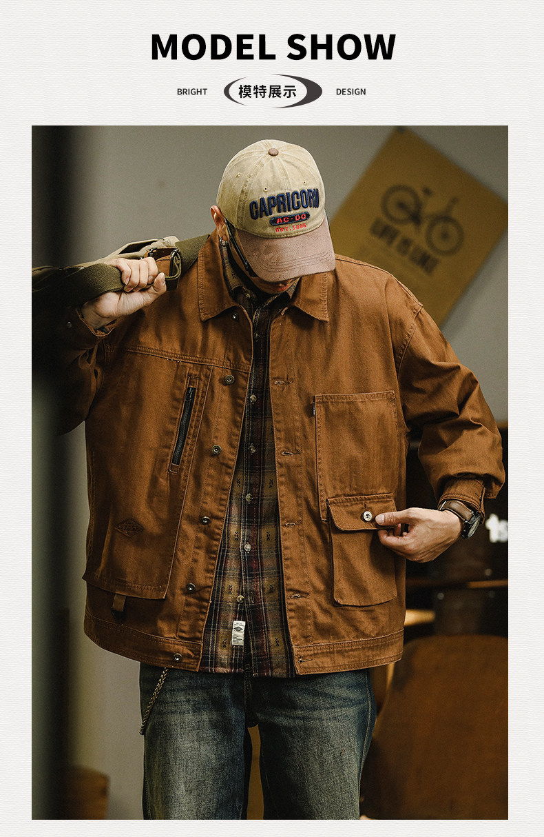 Retro Multi-pocket Work Jacket Mens Loose Cotton Hunting Denim