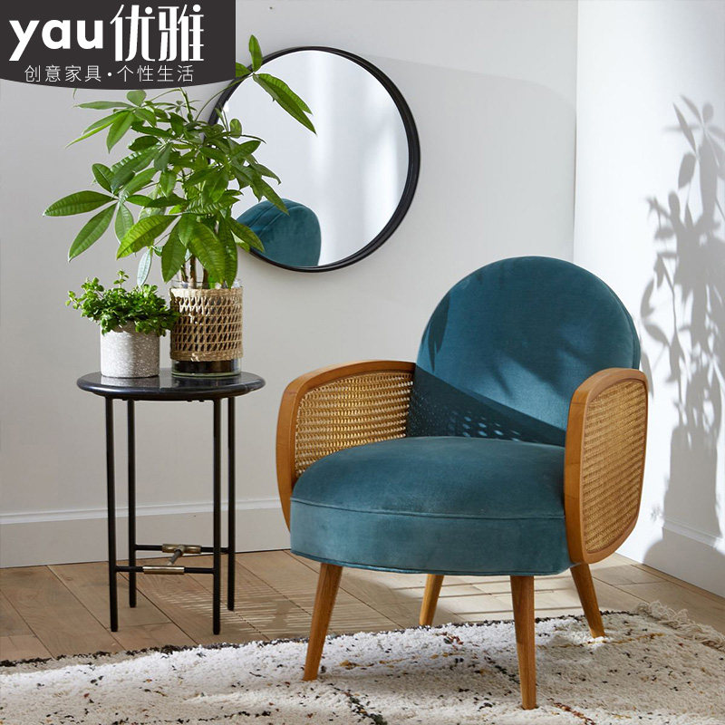 Nordic fabric light luxury single sofa chair small apartment solid wood rattan living room armrest retro light luxury net red style