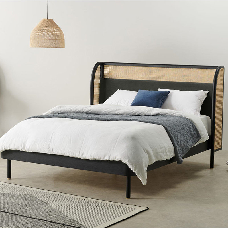 Nordic rattan bed 1 8 m modern minimalist solid wood bed MCM master bedroom furniture day style soft backrest double bed-Taobao