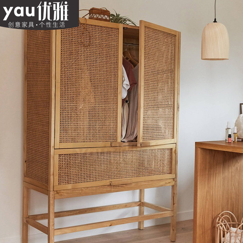 Nordic pure solid wood rattan wardrobe Japanese style minimalist homestay wardrobe modern master bedroom small apartment storage cabinet locker