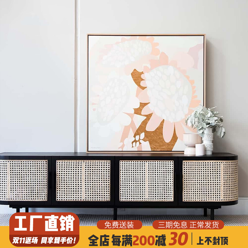 Nordic solid wood rattan TV cabinet modern minimalist design locker Japanese style side cabinet wabi sabi wind audition cabinet log