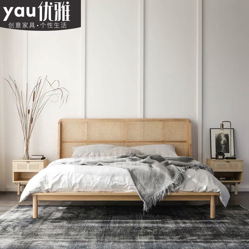 Nordic ins rattan solid wood bed wabi-sabi style simple ash wood Japanese retro wedding bed light luxury rattan art double bed