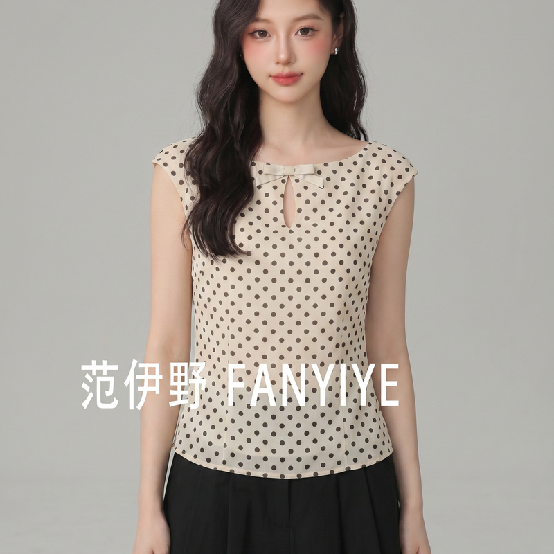 Fan Yiye Hemp and Mulberry Silk Blend French Polka Dot Boat Neck Waist-Cinching Sleeveless Slim-Fit Shirt for Women Summer Fan Yiye Hemp and Mulberry Silk Blend French Polka Dot Boat Neck Waist-Cinching Sleeveless Slim-Fit Shirt for Women Summer