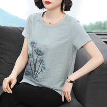 Mother summer clothing short sleeve T-shirt 2022 new loose pure cotton small-shirt middle-aged woman 45-year-old lady blouse