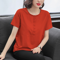 2022 Summer new pure cotton short sleeve loose t-shirt female midyear mom slim fit round collar pure blouse blouse summer