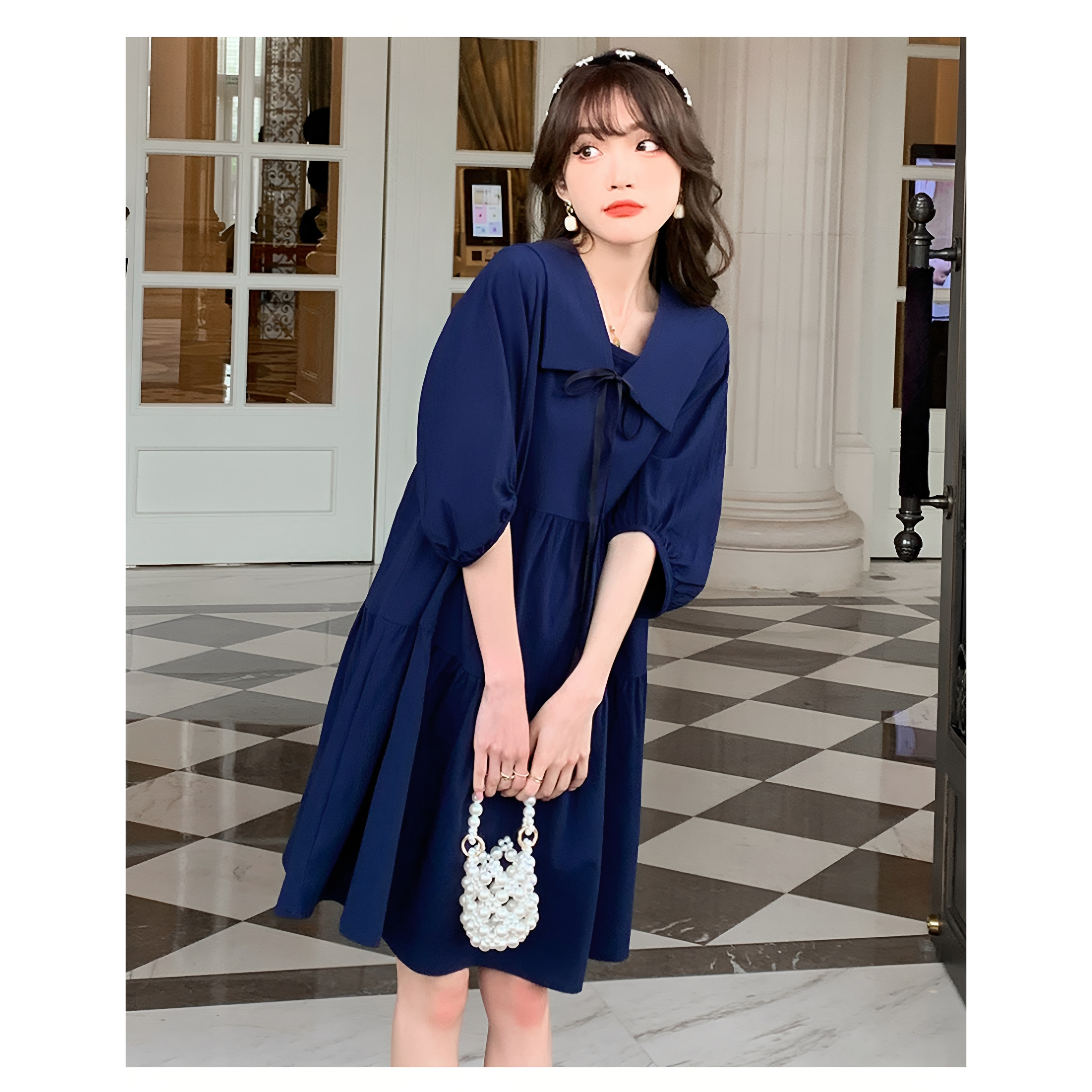 夏季新款连衣裙女显瘦宽松复古灯笼泡泡袖小个子娃娃领度假仙女裙