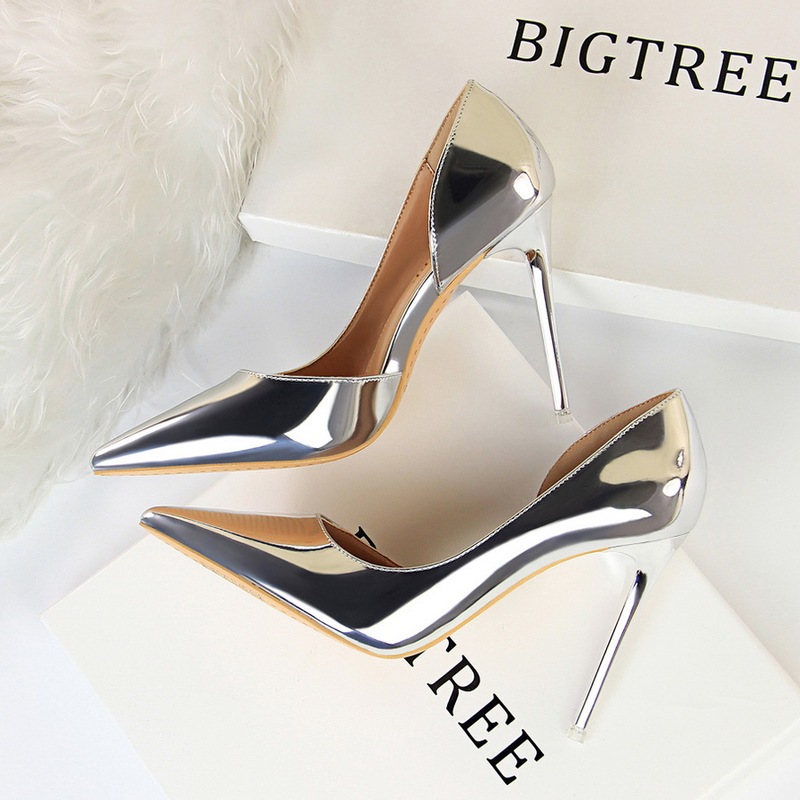 Bigtree Large Size 2023 Spring and Summer New Silver Trendy Side-Cut French High Heels Stiletto Pointed Toe Pumps