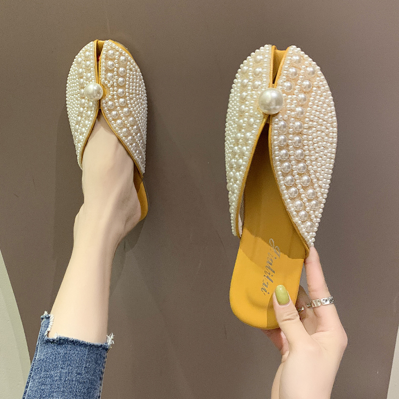 Hong Kong Baotou half slippers women's 2022 summer new fashion all-match flat sandals lazy pearl slippers for outer wear