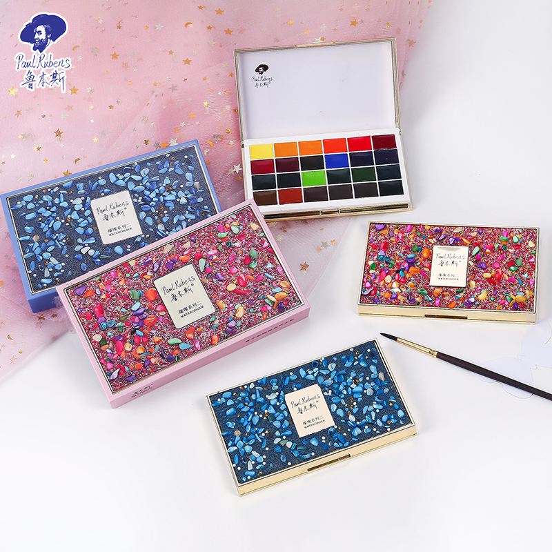 Rubens Sparkling Series Two Solid Watercolor Pigments 24 Color Pearls Color Clear Watercolor Painting Paint Iron Box Fresh water Colorful Split beginner suits portable all-transparent color series-Taobao