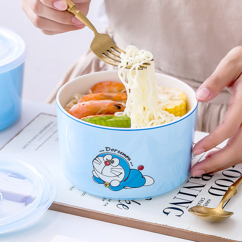 Doraemon instant noodle bowl ceramic lunch box with lid instant noodle cup tableware for student dormitory Japanese single large Bowl