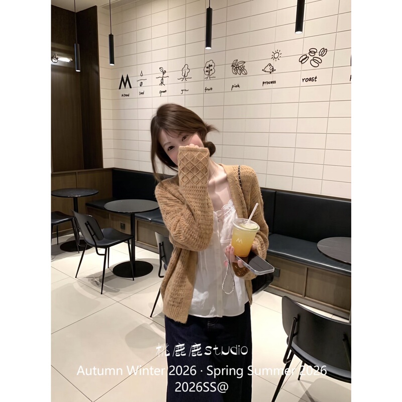Peach Deer Tipsy Dusk Two-Tone Lazy Atmosphere Mohair Coat Hollow Knit Sweater Cardigan for Women Peach Deer Tipsy Dusk Two-Tone Lazy Atmosphere Mohair Coat Hollow Knit Sweater Cardigan for Women