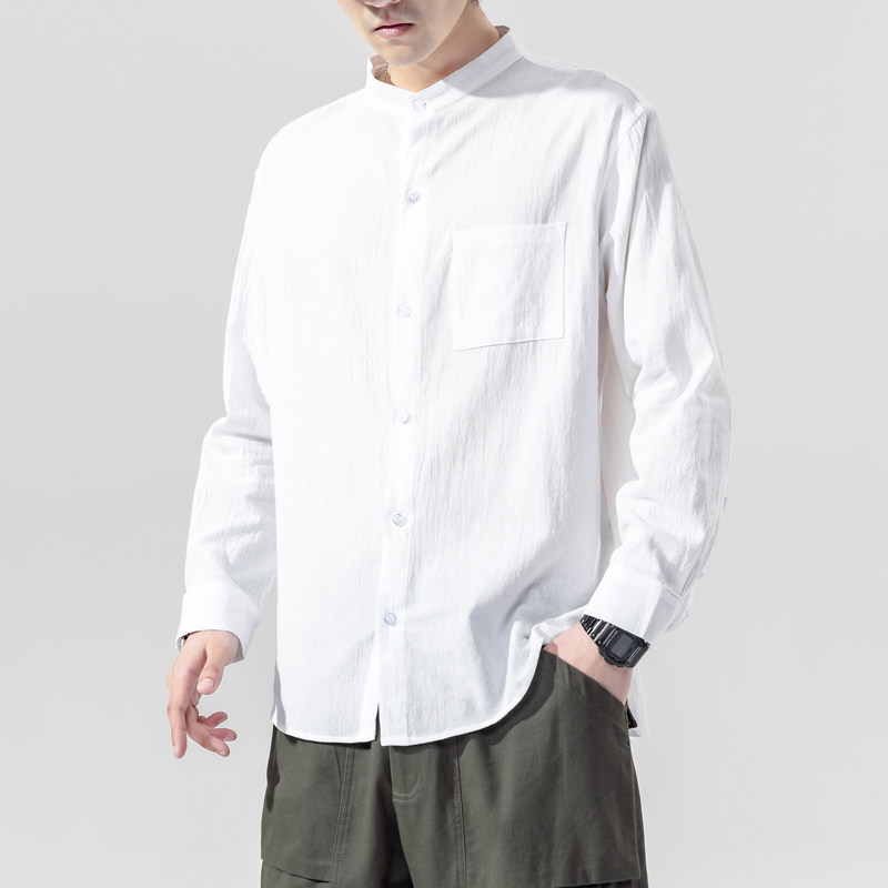 it neith BIAS tide white leap-sleeved shirt men and Korean flax trend pure cotton simple pure color