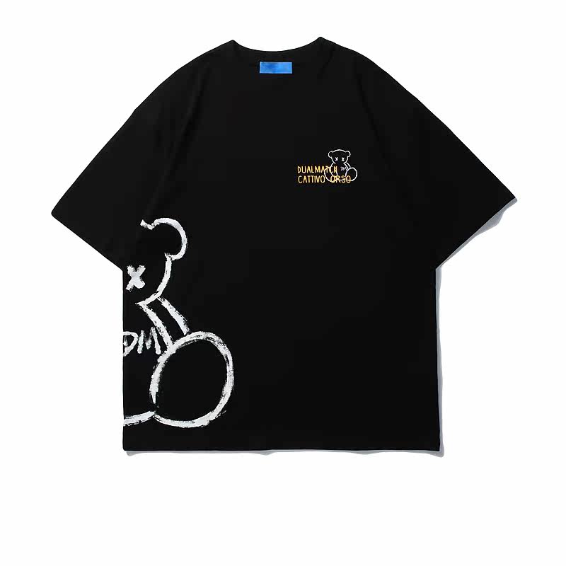 It neith BIAS Bear Short Sleeve T-Shirt Men's Graffiti Printed Cotton Short Sleeve Loose Retro Couple Half Sleeve
