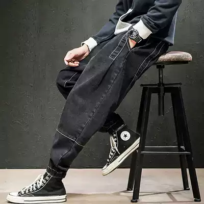 Autumn and winter new trendy brand it neith BIAS large size bunched feet black plus velvet jeans men's loose wide leg pants