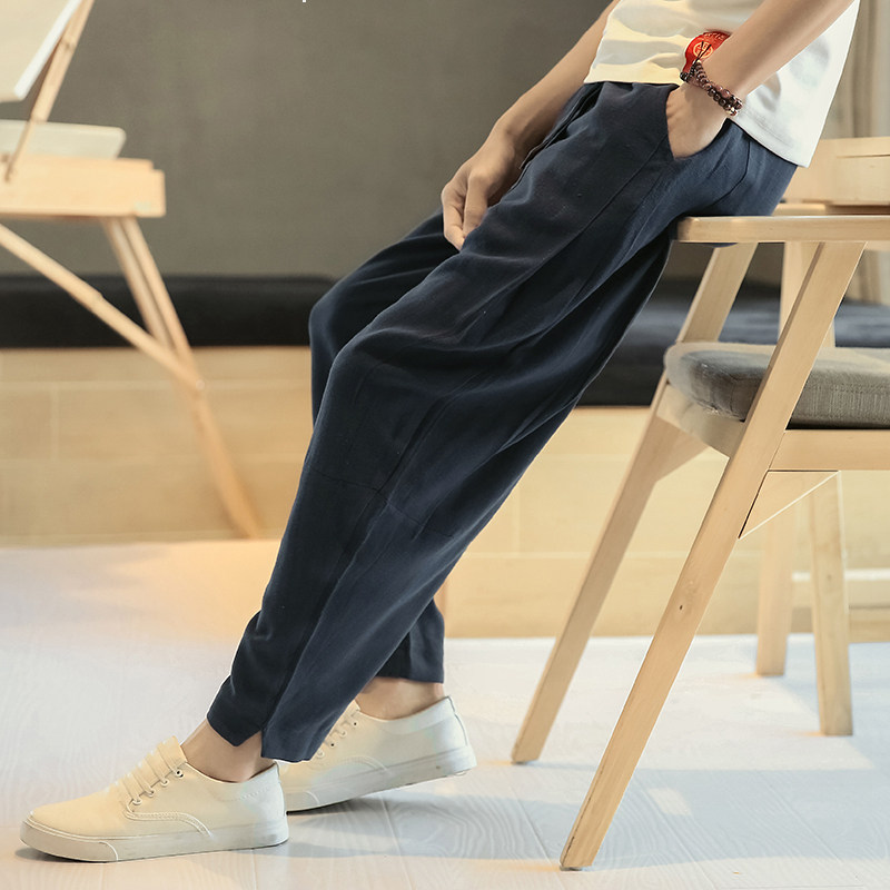 Tide brand it neith BIAS casual nine-point linen pants men's loose wide-leg bloomers cotton and linen pants all-match