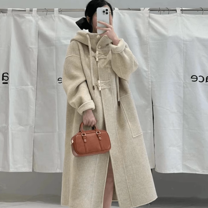 High-End Hooded Mid-Length 2026 New Double-Sided Cashmere Coat for Women with Horn Buttons and Thick Woolen Fabric