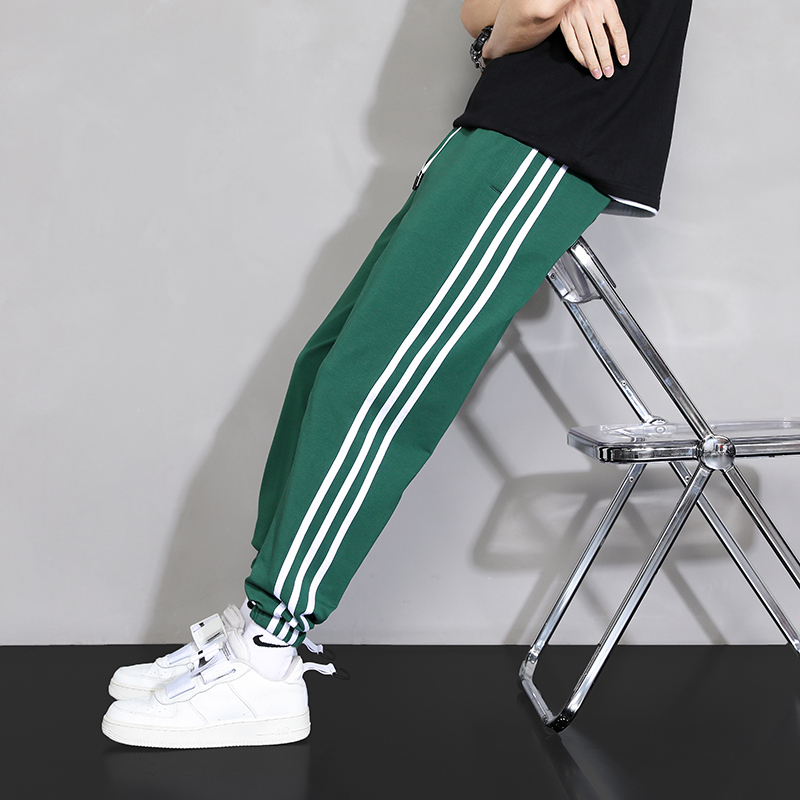 Men's Sports Pants Spring and Autumn Thin Three-Stripe Green Nine-Point Sweatpants for Teenagers and Students Striped Jogger Casual Pants