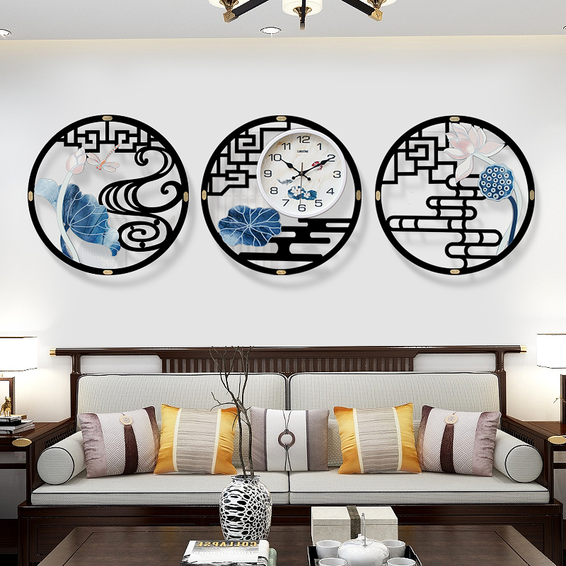 New Chinese wall clock silent living room simple clock Chinese style household creative clock triptych decorative quartz clock