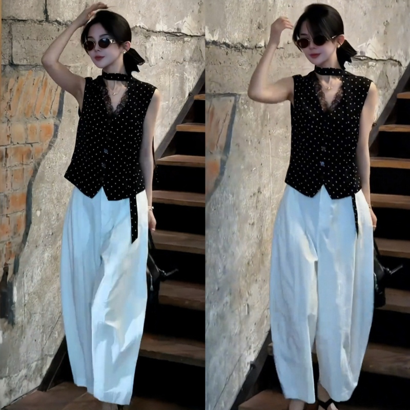 Unique and Beautiful Korean Retro Style Outfit for Women, Summer Lace Patchwork Sleeveless Ribbon Shirt and Wide-Leg Pants Two-Piece Set