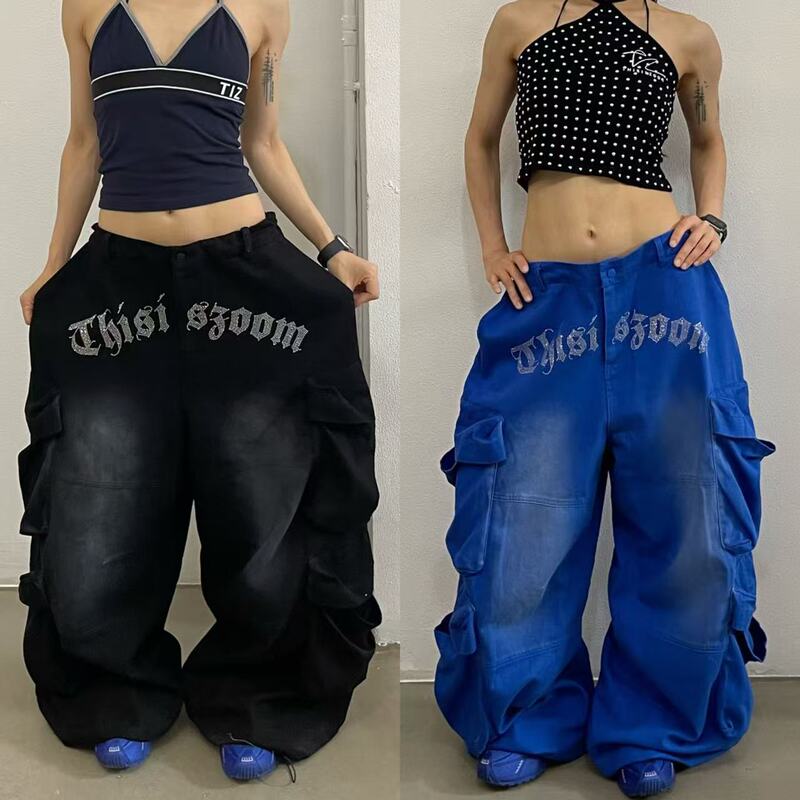 【Rhinestone Thin Fabric Workwear】Tiz American Retro Rhinestone Pocket Faux Denim Work Pants Unisex 【Rhinestone Thin Fabric Workwear】Tiz American Retro Rhinestone Pocket Faux Denim Work Pants Unisex
