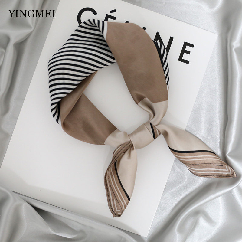 Brother-in-law geometric streaks small square towels Summer neck slim collar towel temperament hair with dual-use Korean version mulberry silk scarves