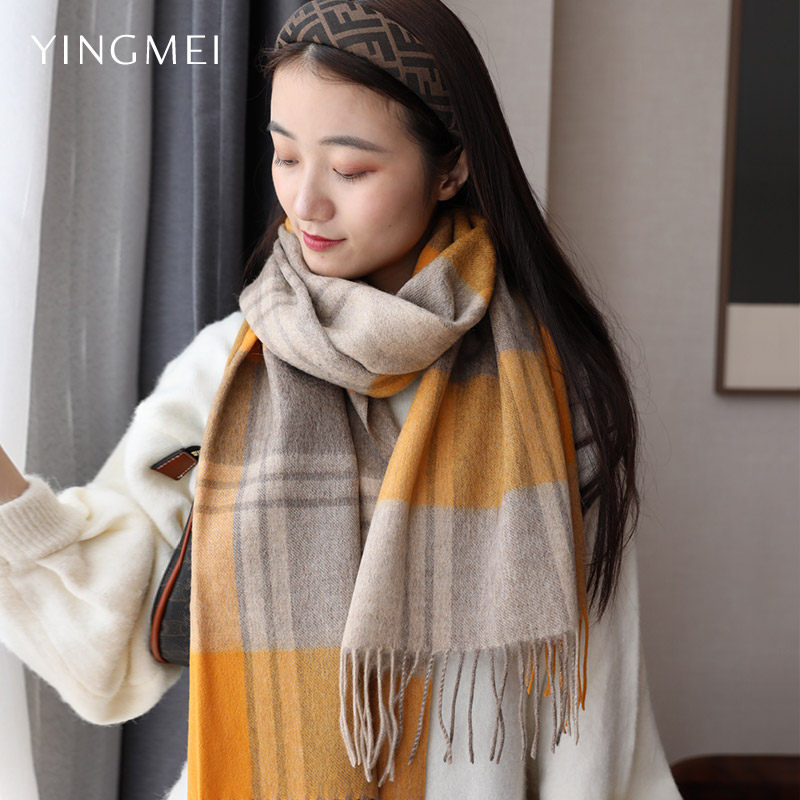 Yingmei Yinglun Plaid Pure Wool Scarves Women Winter Collage Outside of Warmth Cloak and Shoulder Dual-use 100 Lapped Neck