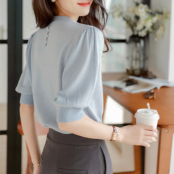 Ice silk knitted short-sleeved t-shirt women's summer 2022 new women's puff-sleeved Western-style small shirt temperament mid-sleeve top