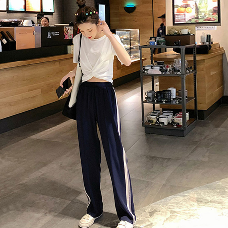 2022 new spring and autumn red trousers straight tube women's small casual sports pants women's striped wide-leg pants summer