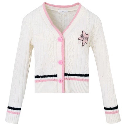 Kroche Star Logo Embroidered Label with Contrasting Striped Edges Knitted Cardigan Autumn White Sweater Jacket Cute and Sweet