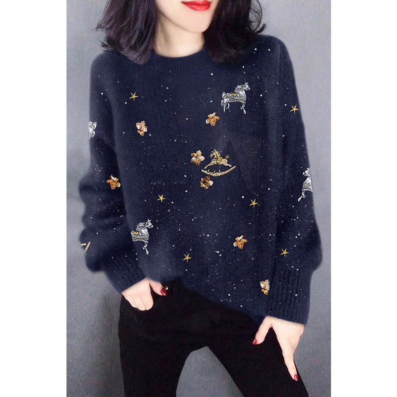 French Outlet Clearance Women's Clothing Brand Discount Clearance Loose Cartoon Print Pullover Thick Knit Sweater for Women