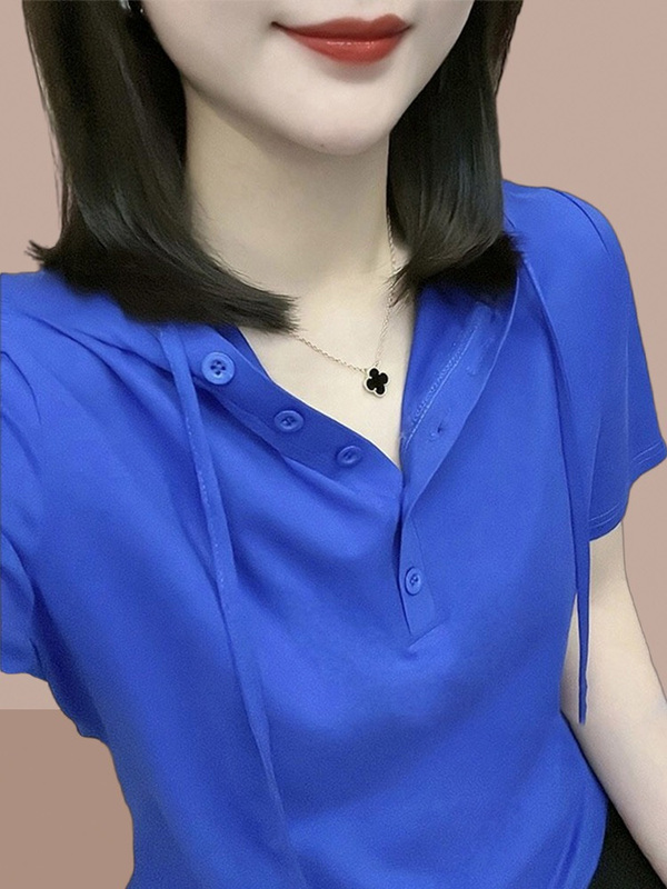 Blue Hooded Short-Sleeved T-Shirt for Women 2026 Summer New Style Loose Slimming Casual Sweatshirt Plus Size Fat mm Top Blue Hooded Short-Sleeved T-Shirt for Women 2026 Summer New Style Loose Slimming Casual Sweatshirt Plus Size Fat mm Top