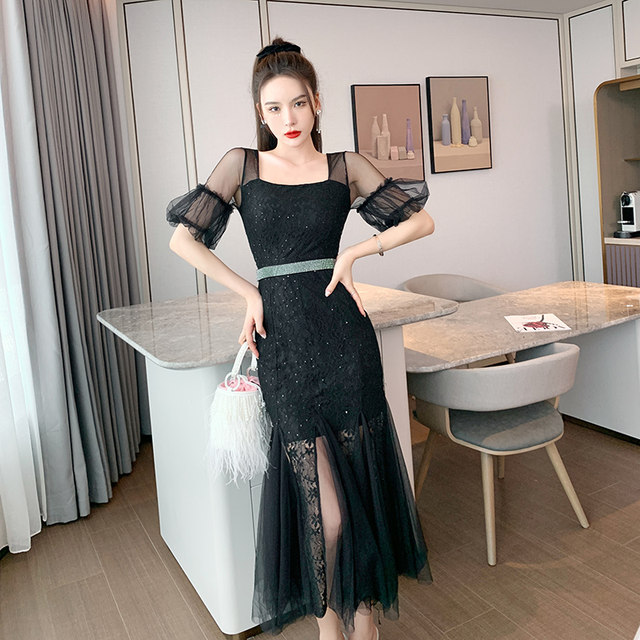 Light luxury ladies square neck puff sleeve evening dress French slim slim lace mesh stitching dress female summer