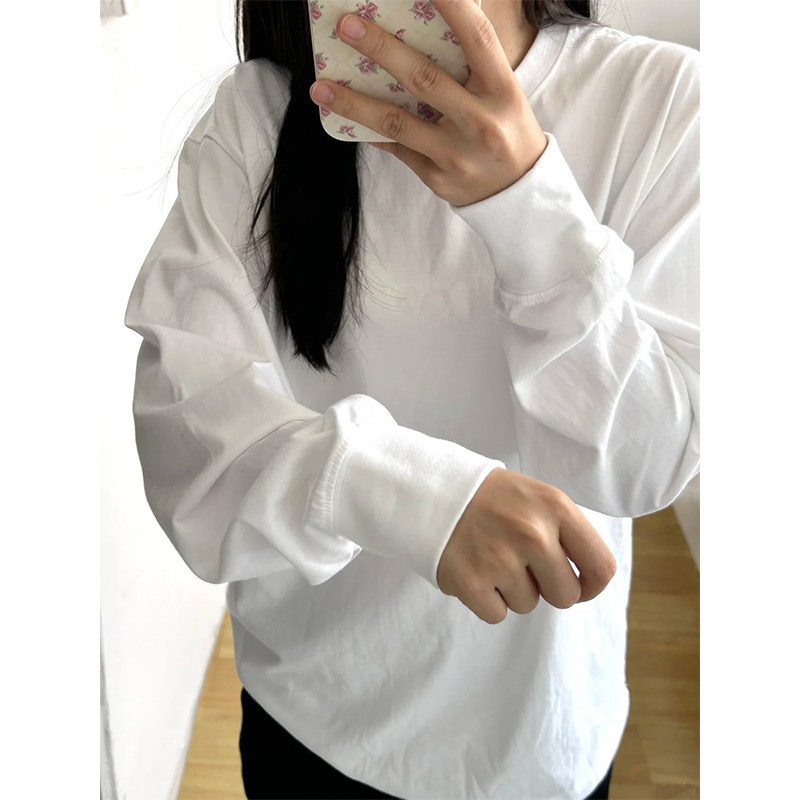 レディース 純綿 ラウンドネック 長袖 Tシャツ 春秋冬用 ホワイト 重ね着トップス 無地 ベーシック ルーズフィット インナー レイヤー ベース シャツ