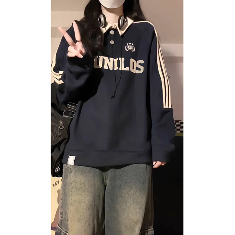 College Style Contrasting Color Polo Collar Design Sweatshirt for Women, New Autumn and Winter Oversize Loose Couple's Lapel Top