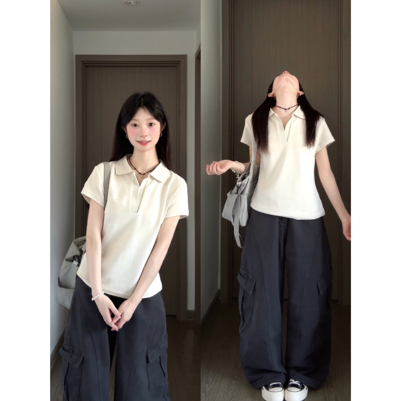 Korean Style Preppy V-Neck Regular Shoulder Polo Shirt T-Shirt for Women, Summer Slim-Fit Waist-Cinching Turn-Down Collar Sports Casual Short-Sleeve Top Korean Style Preppy V-Neck Regular Shoulder Polo Shirt T-Shirt for Women, Summer Slim-Fit Waist-Cinching Turn-Down Collar Sports Casual Short-Sleeve Top