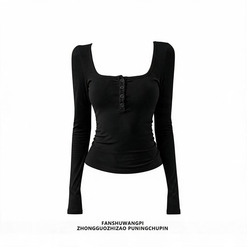 Slim-Fitting, Pure and Alluring U-Neck Button-Up Long-Sleeve T-Shirt for Women, 2026 Autumn Square-Neck Base Shirt, Tight-Fitting Top for Layering