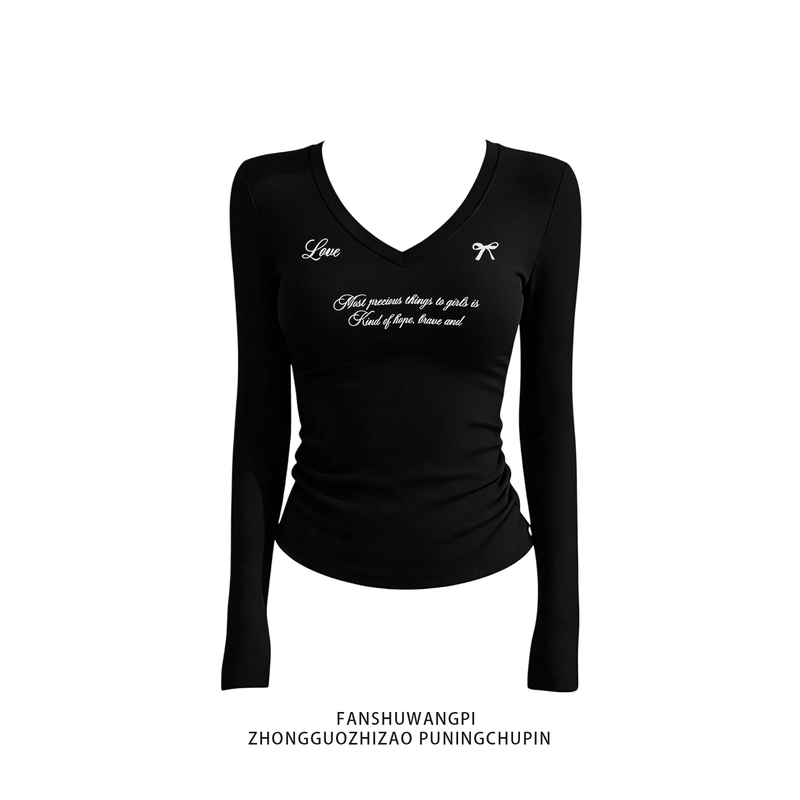American-Style Spicy Girl V-Neck Long-Sleeve T-Shirt for Women, Black, Waist-Cinching, Slim-Fit, Base Layer Top with Letter Print