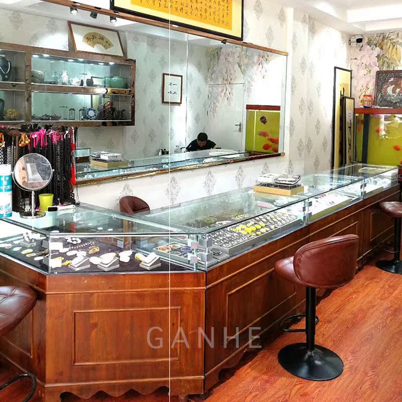 Transparent Jewelry Exhibition Cabinet Solid Wood Retro Trinket Glass Cabinet Table New Jewelry Jade Ware Emerald Custom Cabinet Exhibition