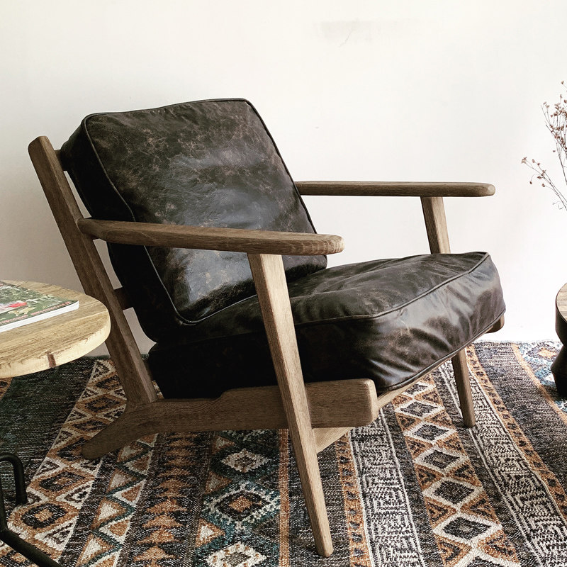 Nordic Oak Sofa Chair Solid Wood Retro American Leather Leisure Tiger Chair Bedroom Balcony Single Armchair