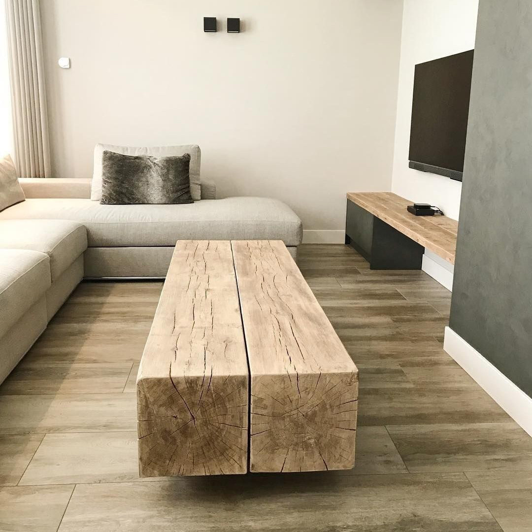 Nordic minimalist modern living room solid wood TV cabinet coffee table combination homestay retro log color shoe stool