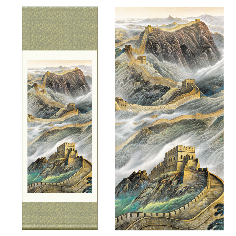 长城丝绸画卷轴挂画办公室古代山水国画中国风特色礼物送老外国人