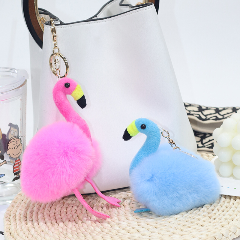Rex Rabbit Fur Cute Flamingo Fur Bag Pendant Car Keychain Fashion Plush Toy Doll Ornament for Women