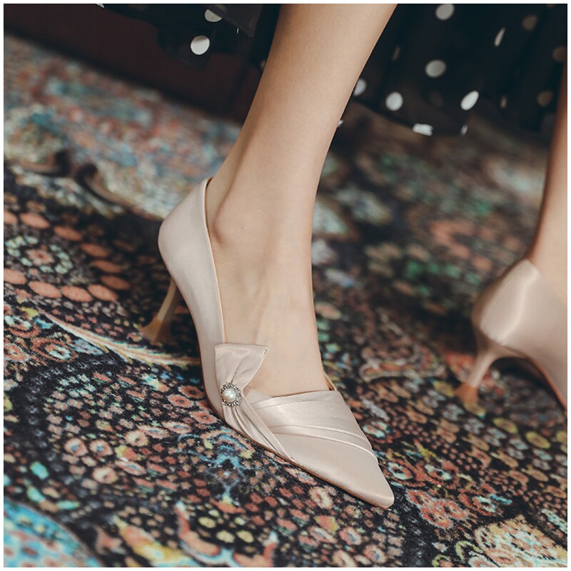 French high heels women's 2022 autumn new satin champagne pointed toe stiletto shoes wedding shoes bridal shoes