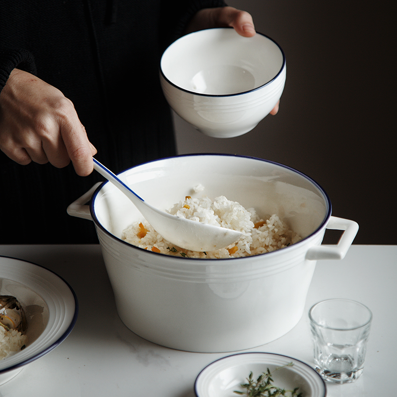 Double ear soup bowl home minimalist microwave oven applicable bowl ceramic heat resistant unbronzed hand commercial full soup with large noodle bowl