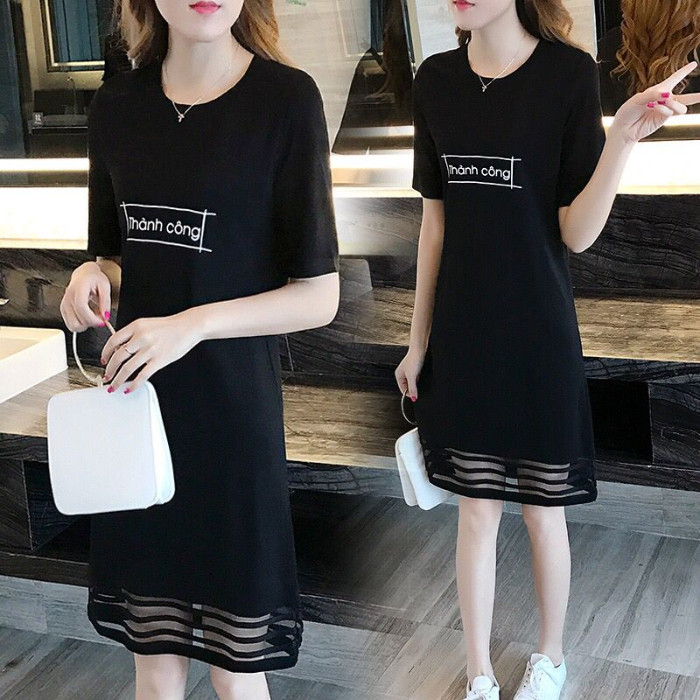 Maternity dress 2020 summer new loose large size women's short-sleeved stitching mesh mid-length bottoming skirt fashion