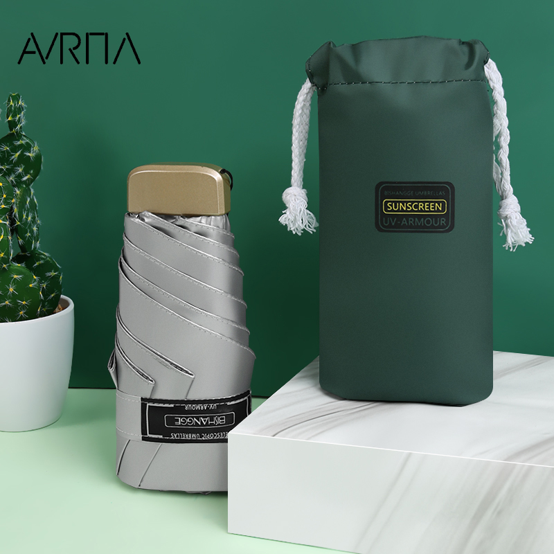 Titanium Silver Flat Five Fold Super Sun Protection UV Sun Umbrella Ultra Light Small Mini Pocket Sunny and Dual-use Beach Umbrella