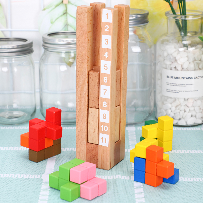 Wooden three-dimensional Tetris building blocks puzzle children's educational toys 3-4-6-8 years old difficult development