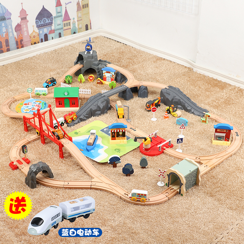 Le Cool Children Wooden High Rail Electric Train Rail Set Magnetic Puzzle Building Toys