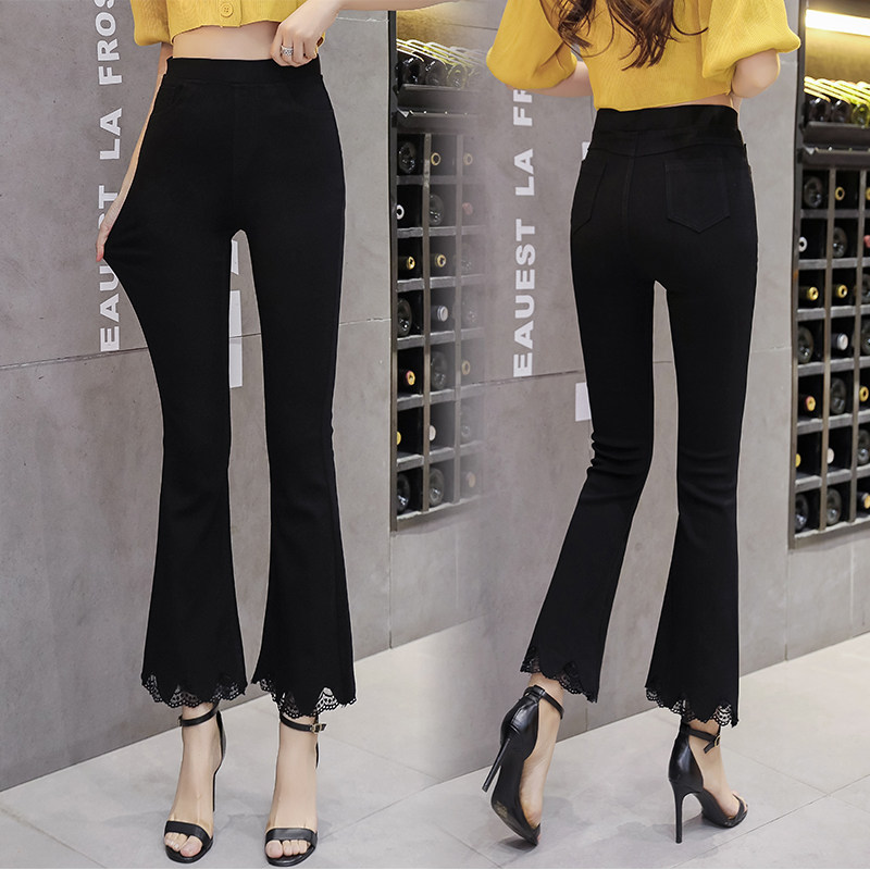 Elastic waist micro flared pants women's autumn high waist thin elastic underwear women wear lace stitching nine points trendy pants
