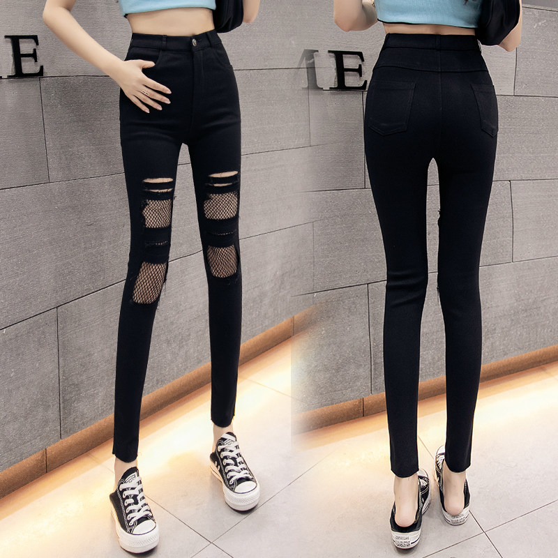 Black underwear women wear Korean version thin pants spring and autumn thin section large size hole mesh nine points trendy pants